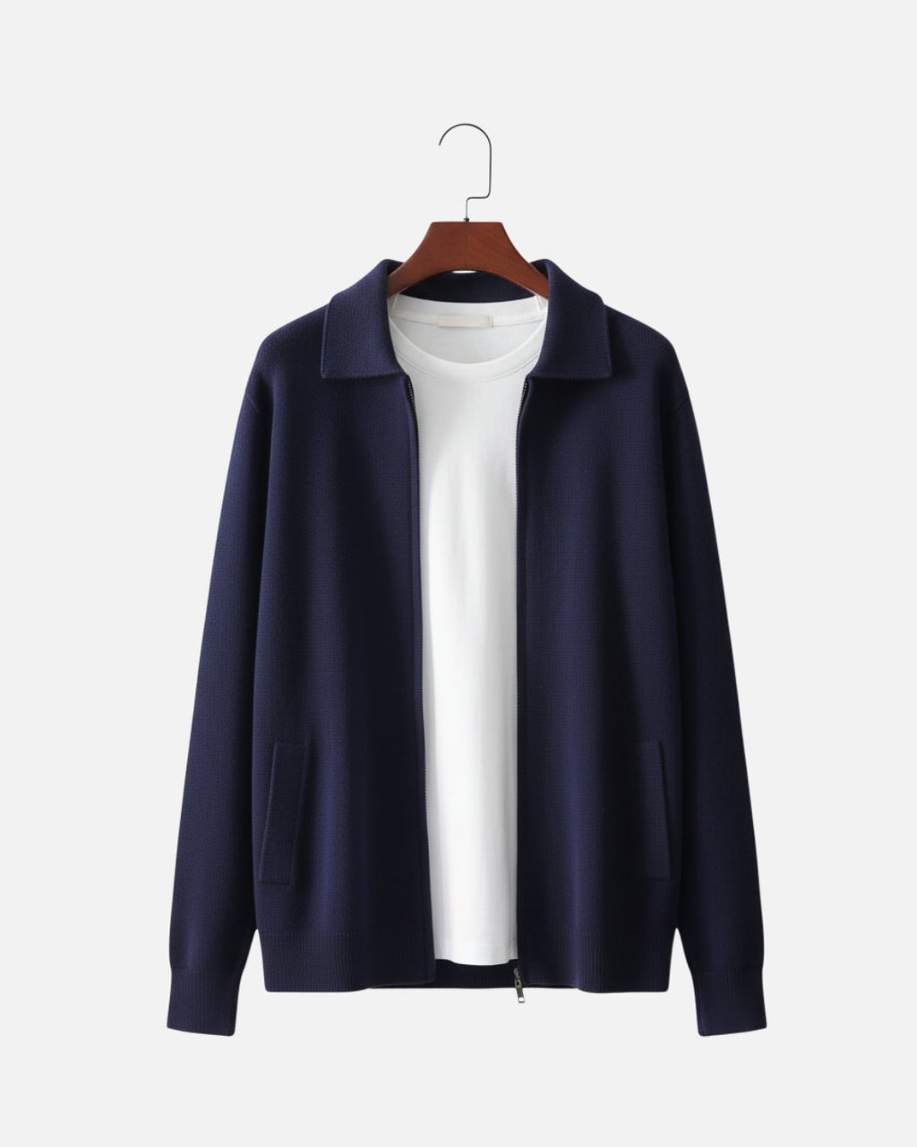 Merino Wool Full-Zip Polo Cardigan - Navy
