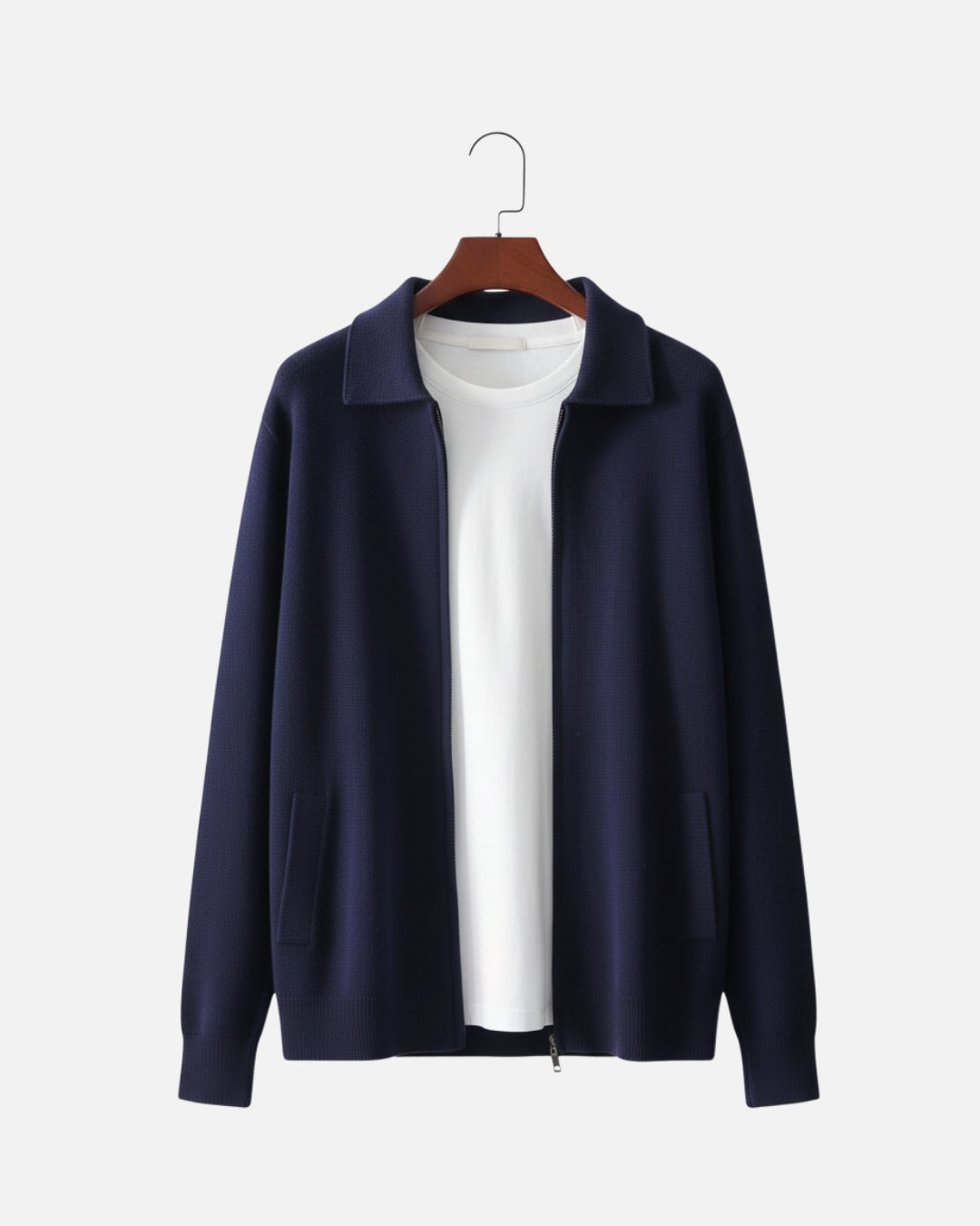 Merino Wool Full-Zip Polo Cardigan - Navy