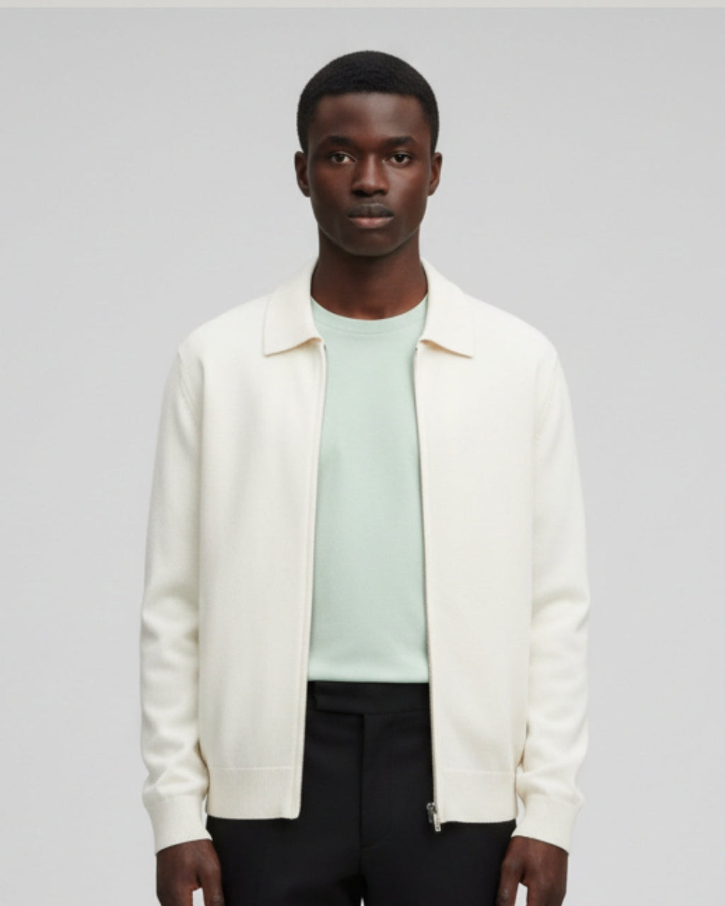 Merino Wool Full-Zip Polo Cardigan - White