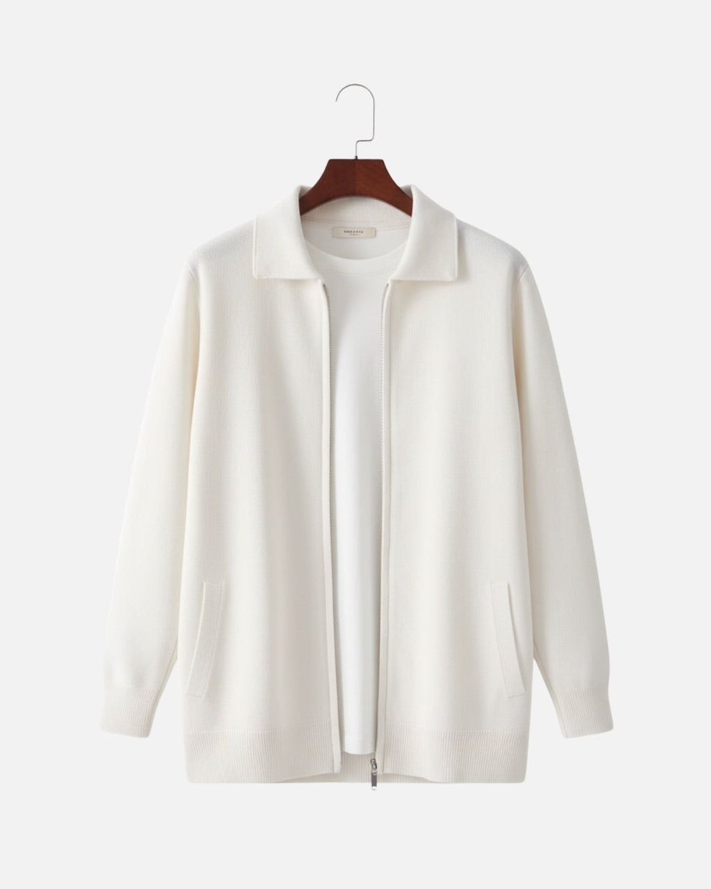 Merino Wool Full-Zip Polo Cardigan - White