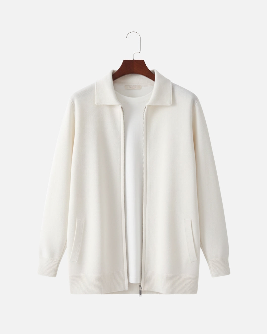 Merino Wool Full-Zip Polo Cardigan - White