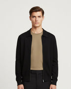 Merino Wool Full-Zip Polo Cardigan - Black