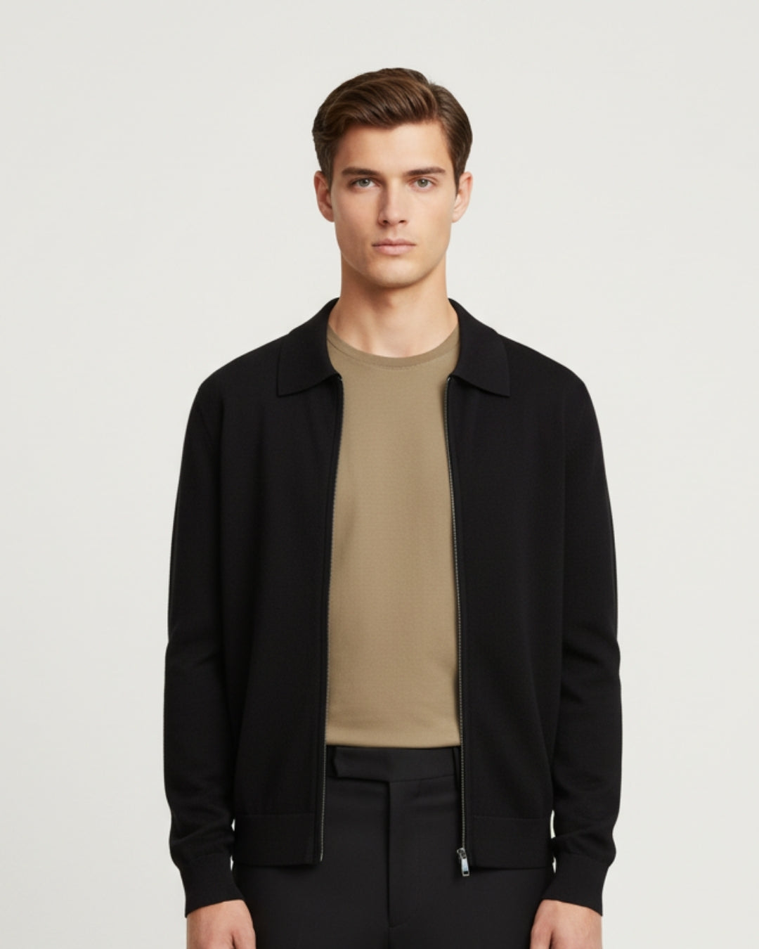 Merino Wool Full-Zip Polo Cardigan - Black