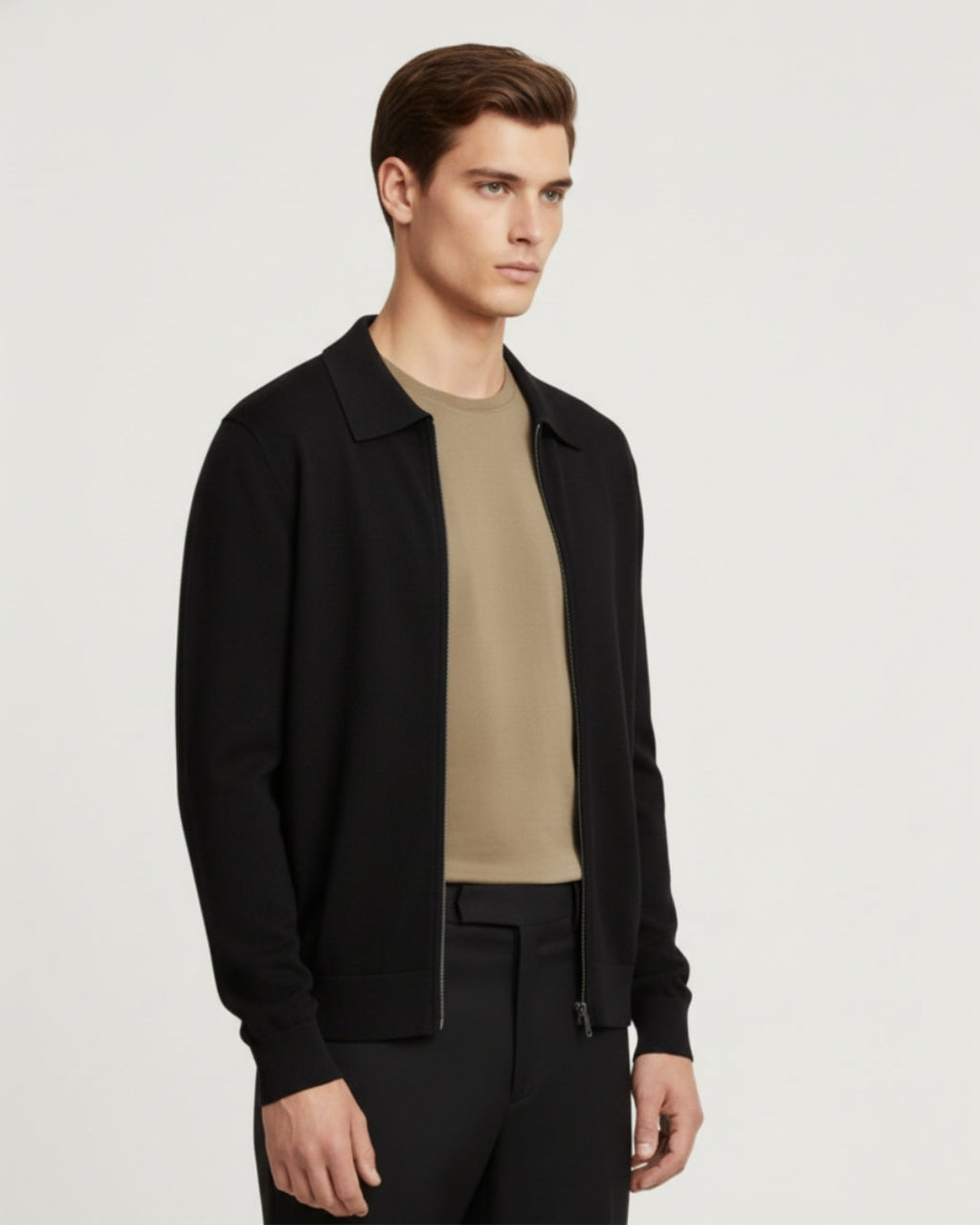Merino Wool Full-Zip Polo Cardigan - Black