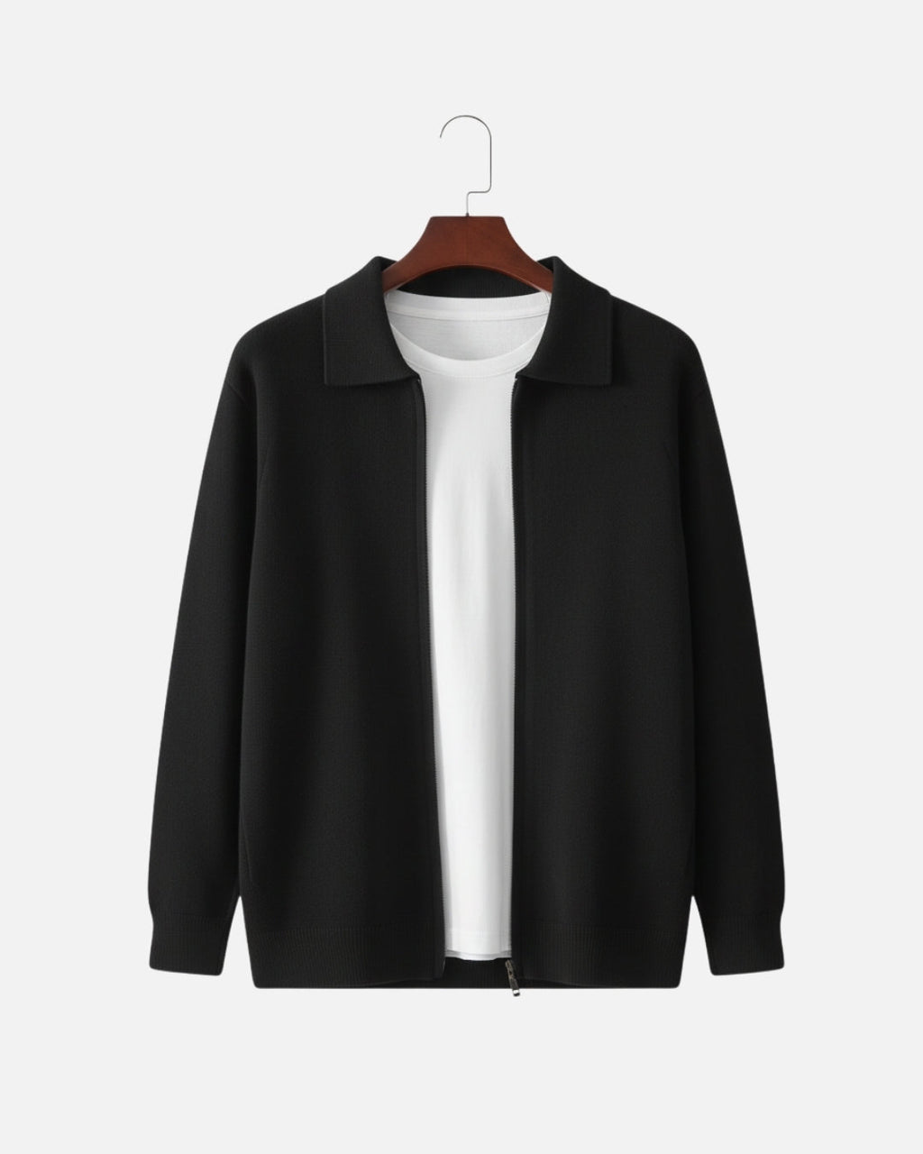 Merino Wool Full-Zip Polo Cardigan - Black