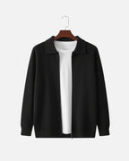 Merino Wool Full-Zip Polo Cardigan - Black