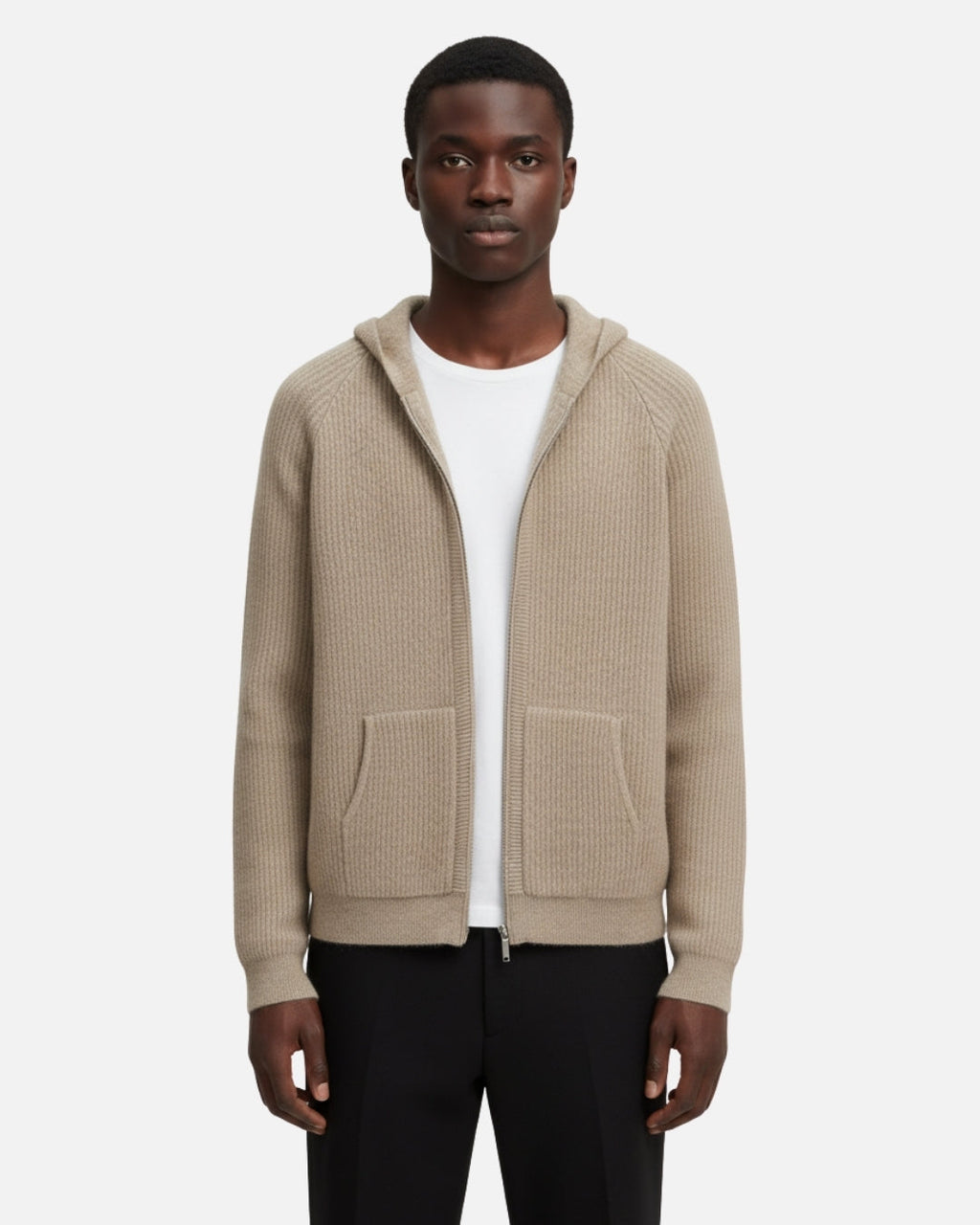 Merino Wool Full-Zip Structured Hoodie - Camel