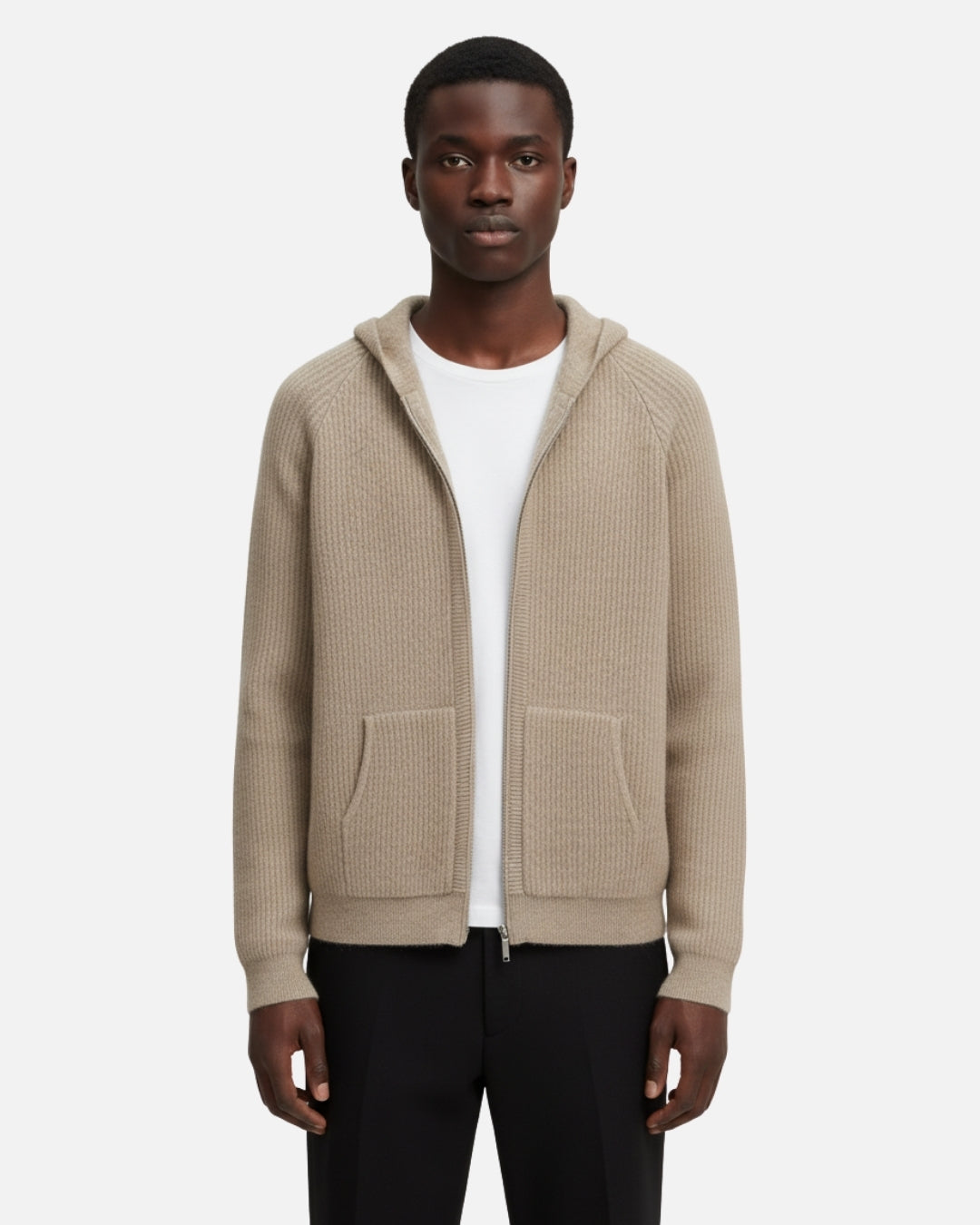 Merino Wool Full-Zip Structured Hoodie - Camel