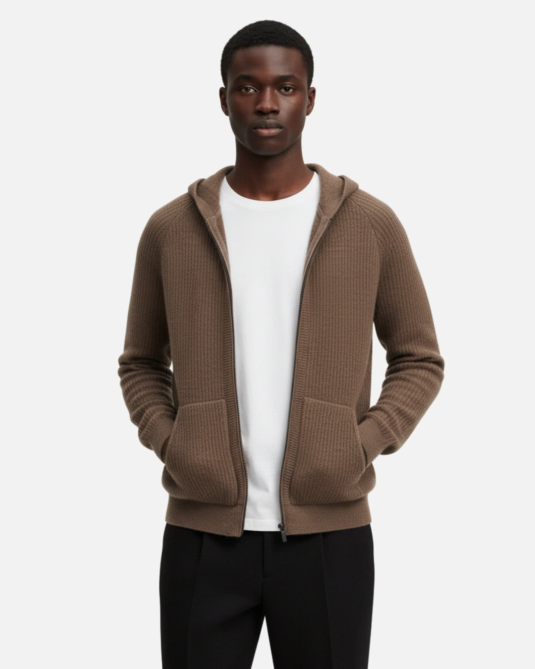 Merino Wool Full-Zip Texture Hoodie - Espresso