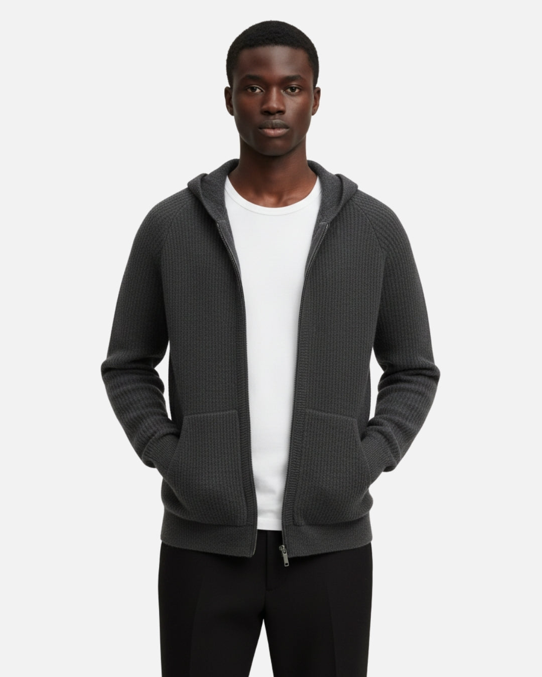 Merino Wool Full-Zip Textured Hoodie - Graphite