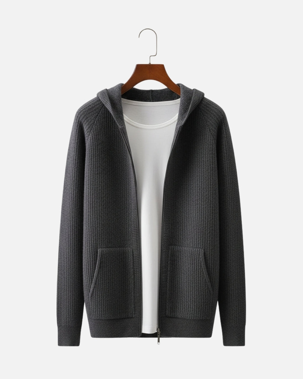 Merino Wool Full-Zip Textured Hoodie - Graphite