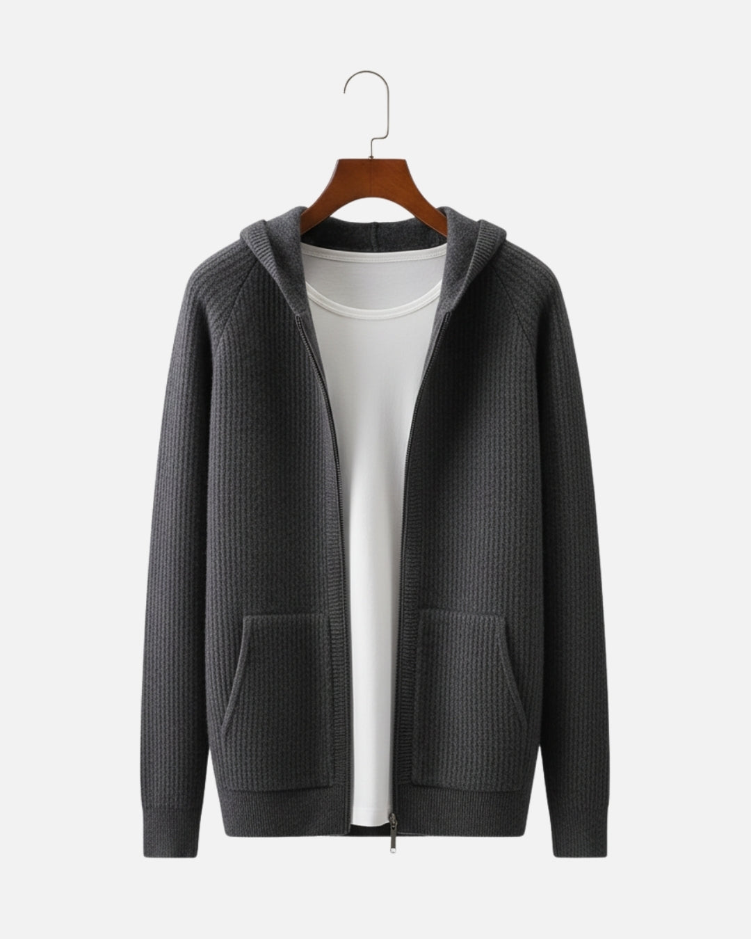 Merino Wool Full-Zip Textured Hoodie - Graphite