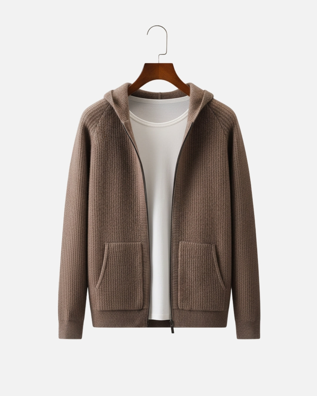 Merino Wool Full-Zip Texture Hoodie - Espresso