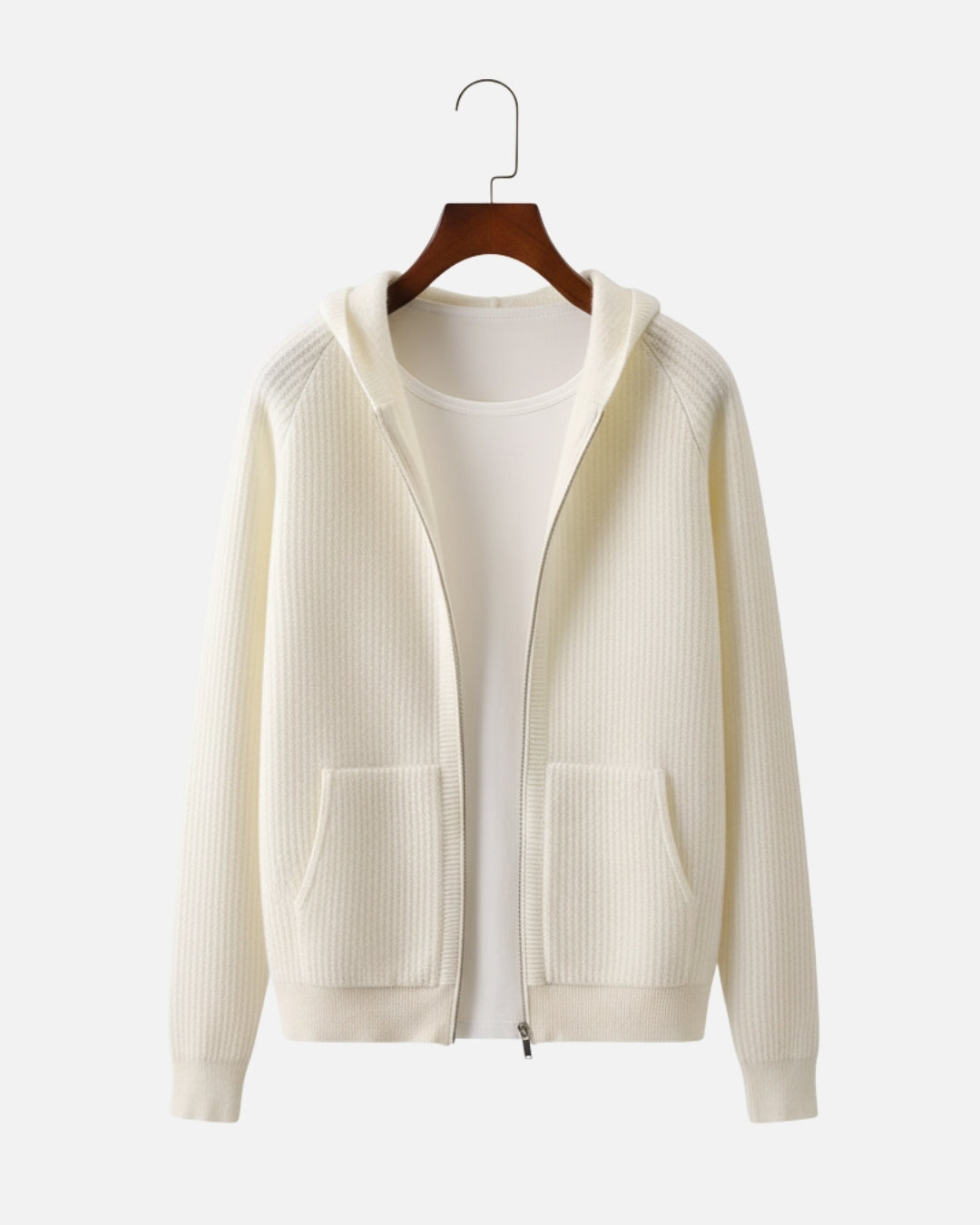 Merino Wool Full-Zip Textured Hoodie - Ivory