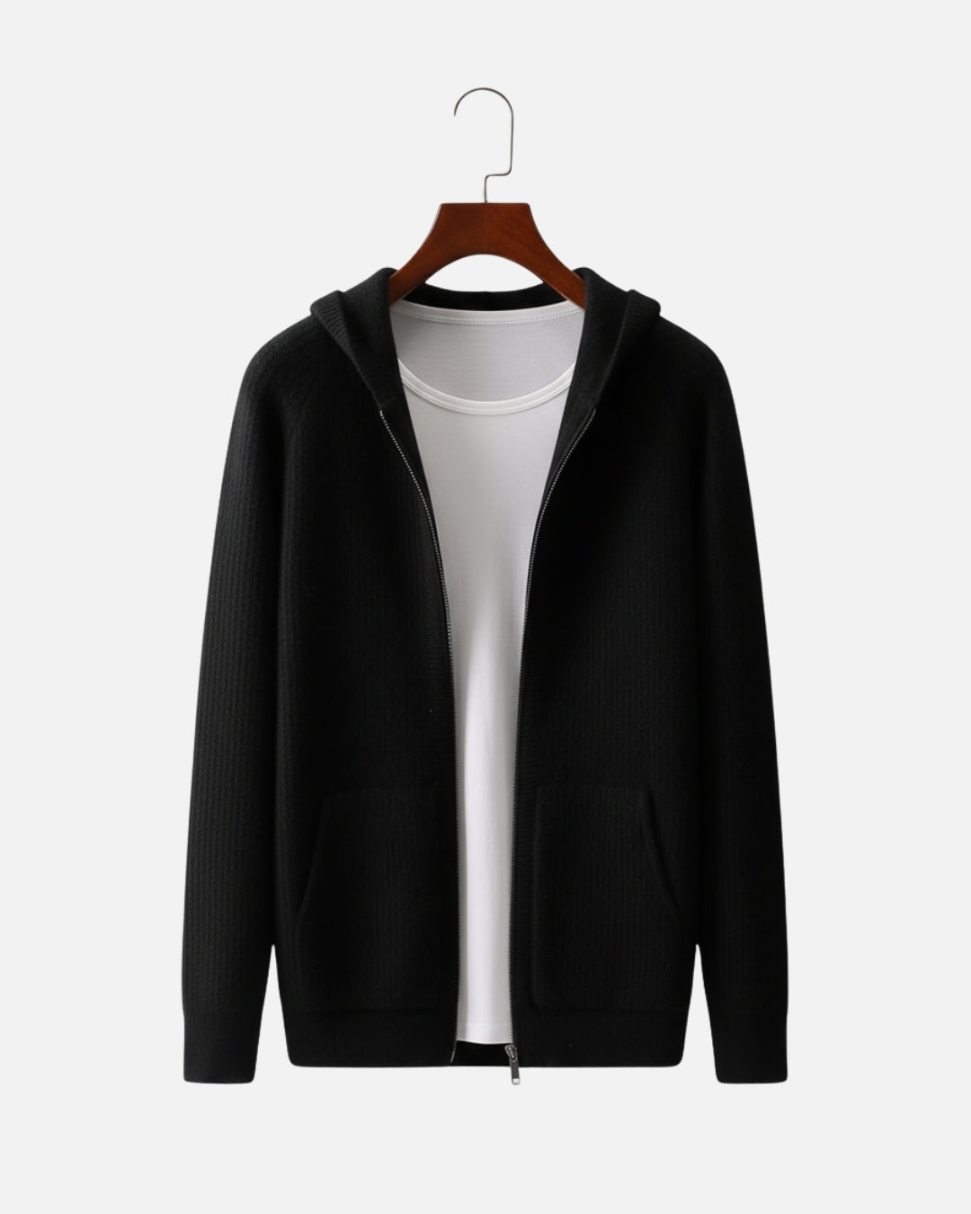 Merino Wool Full-Zip Textured Hoodie - Black