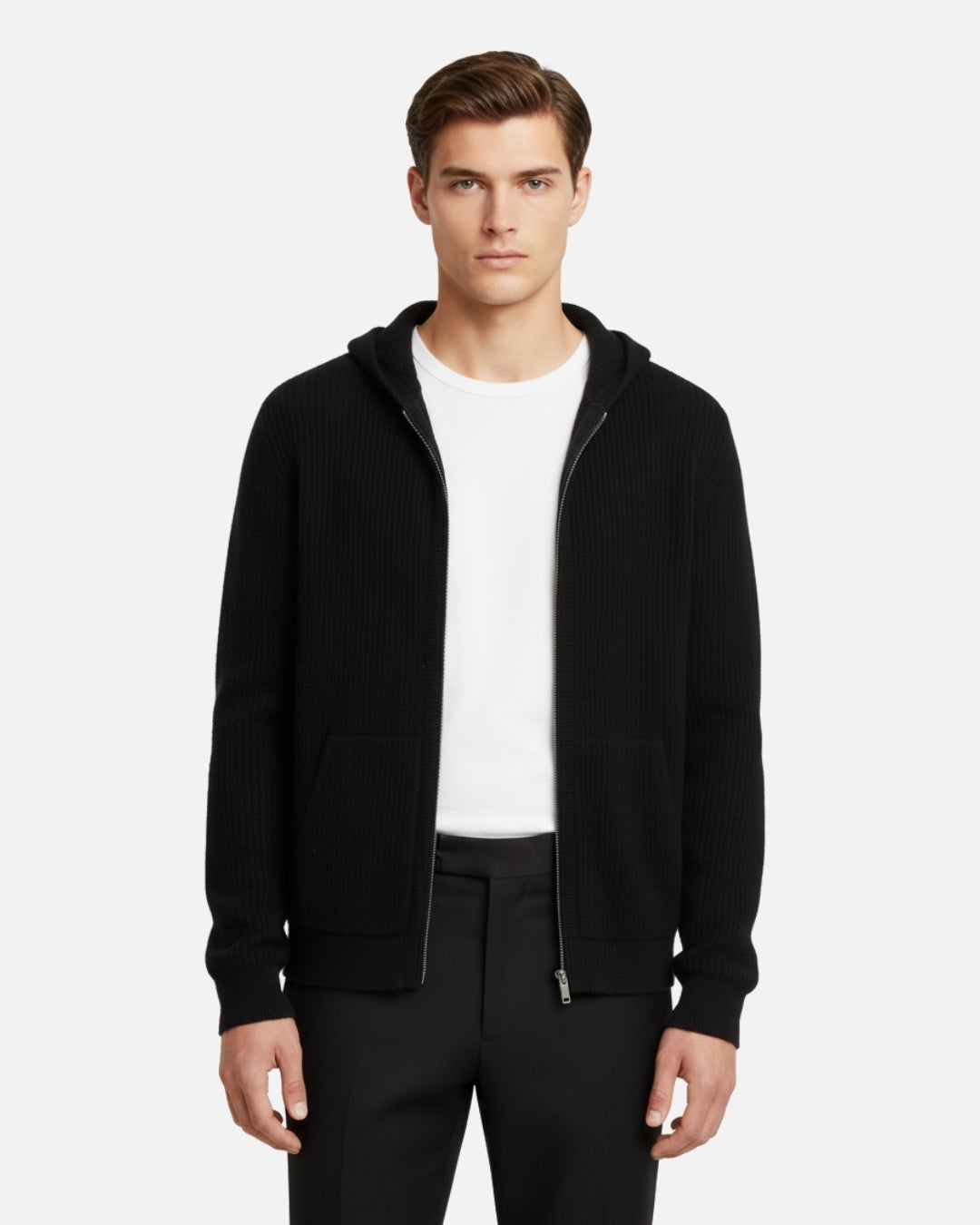 Merino Wool Full-Zip Textured Hoodie - Black