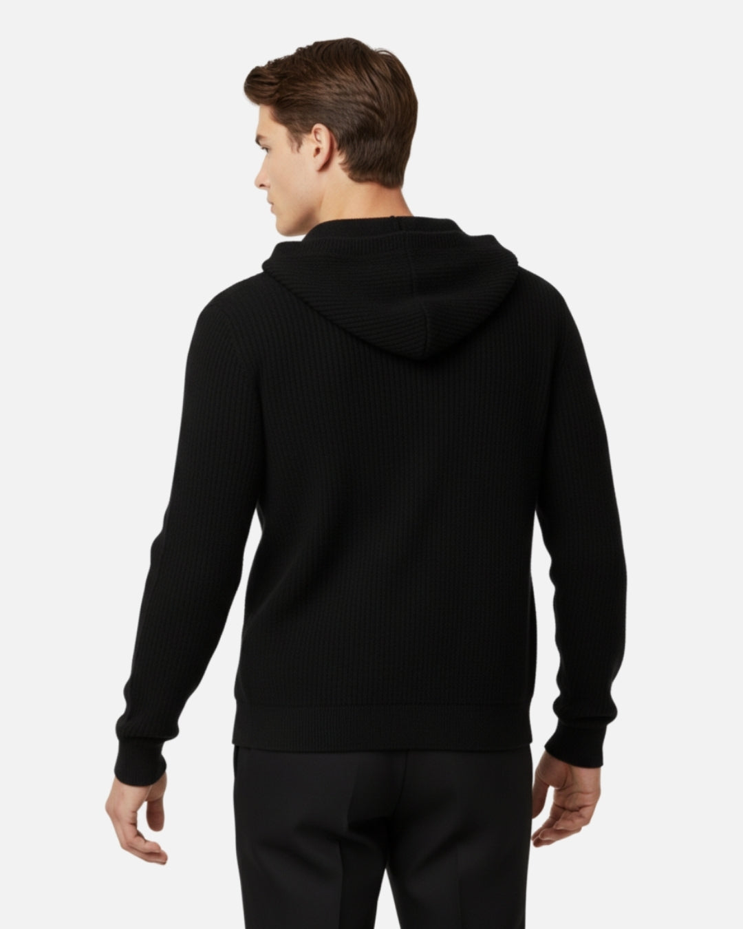 Merino Wool Full-Zip Textured Hoodie - Black