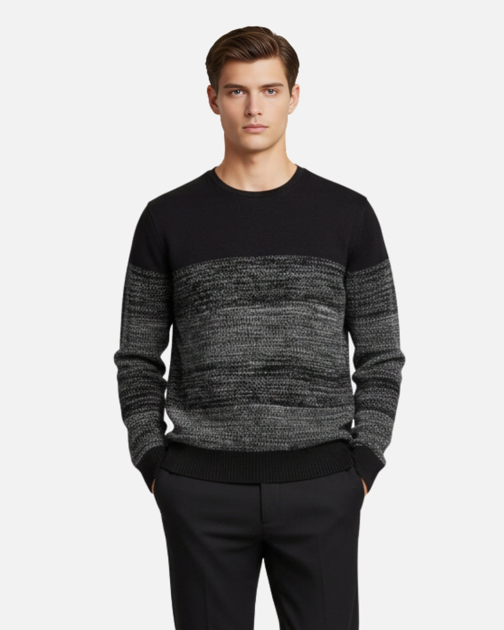 Merino Wool Crewneck Gradient Sweater - Black