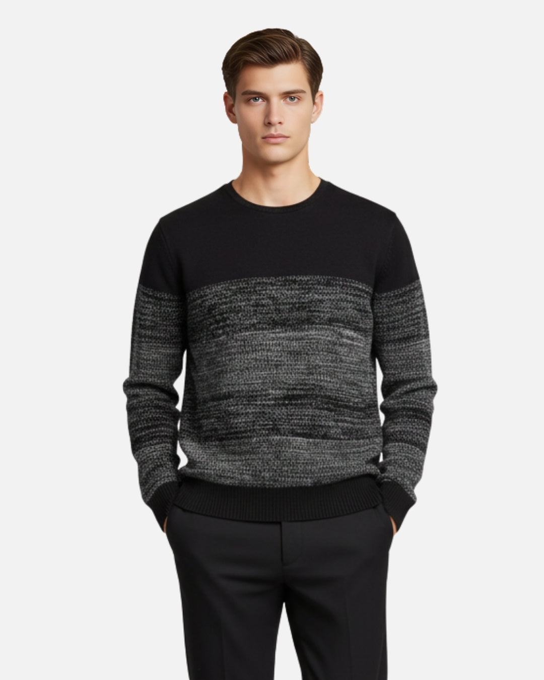 Merino Wool Crewneck Gradient Sweater - Black