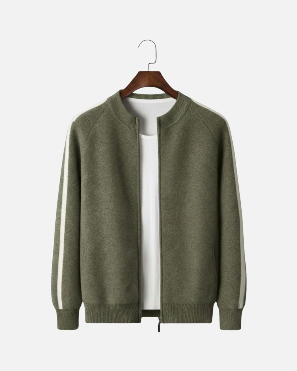 Merino Wool Full-Zip Stripe Sweater - Olive