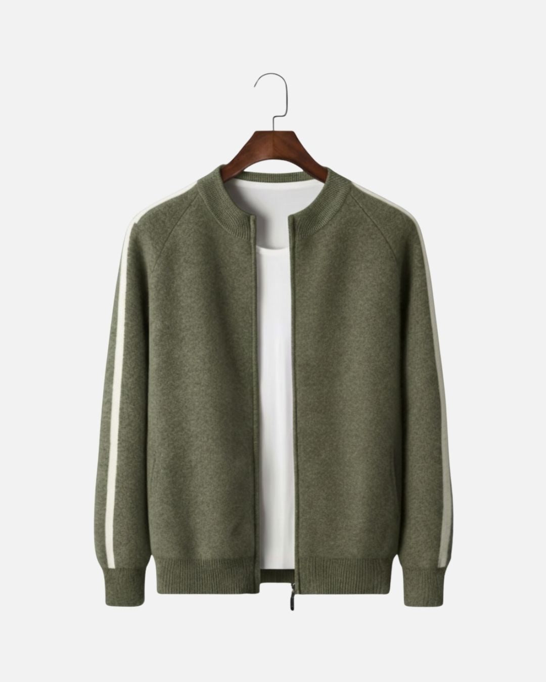 Merino Wool Full-Zip Stripe Sweater - Olive