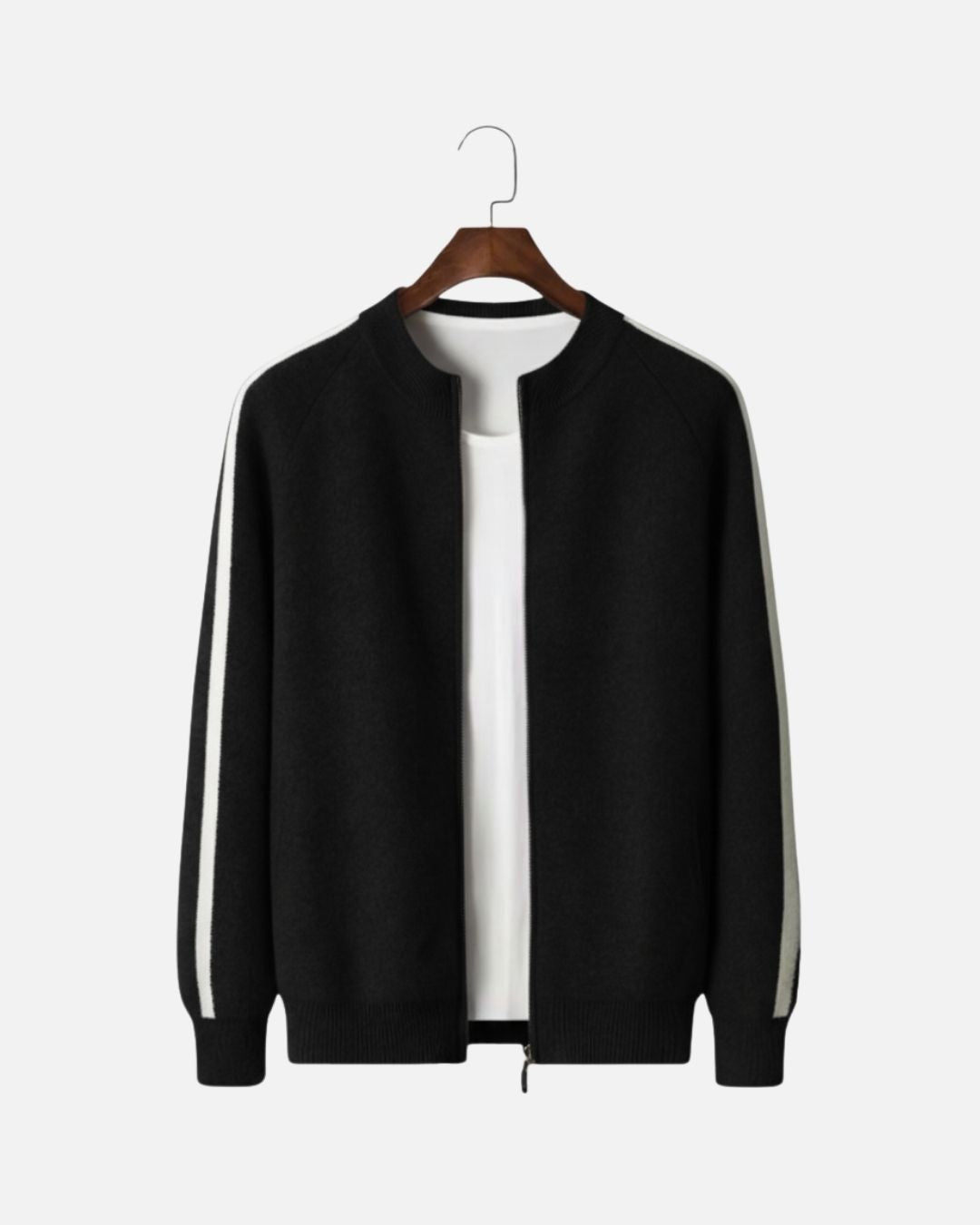 Merino Wool Full-Zip Stripe Sweater - Black