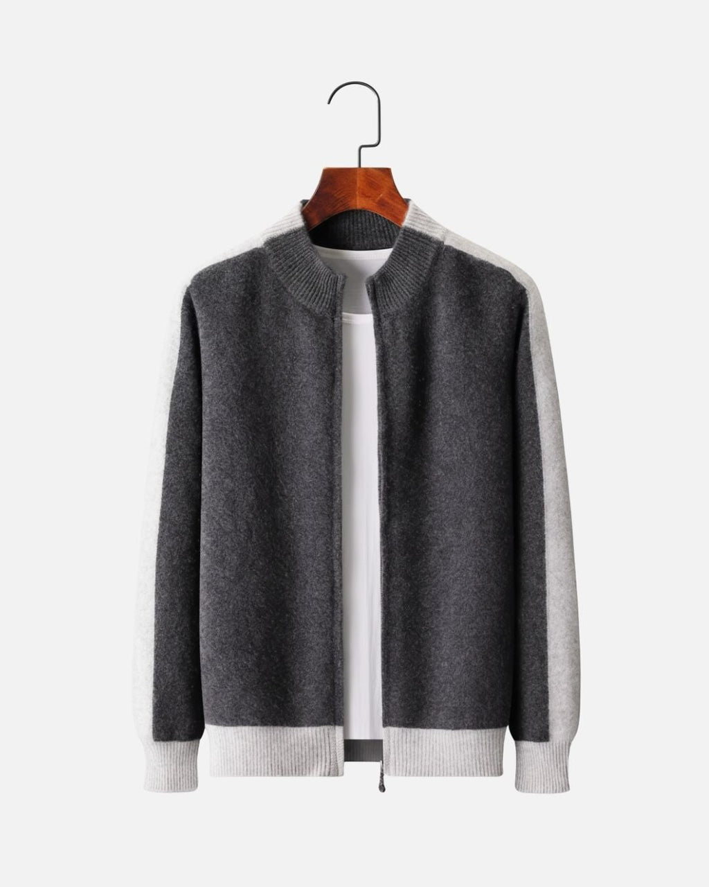 Merino Wool Full-Zip Two-Tone Sweater - Graphite
